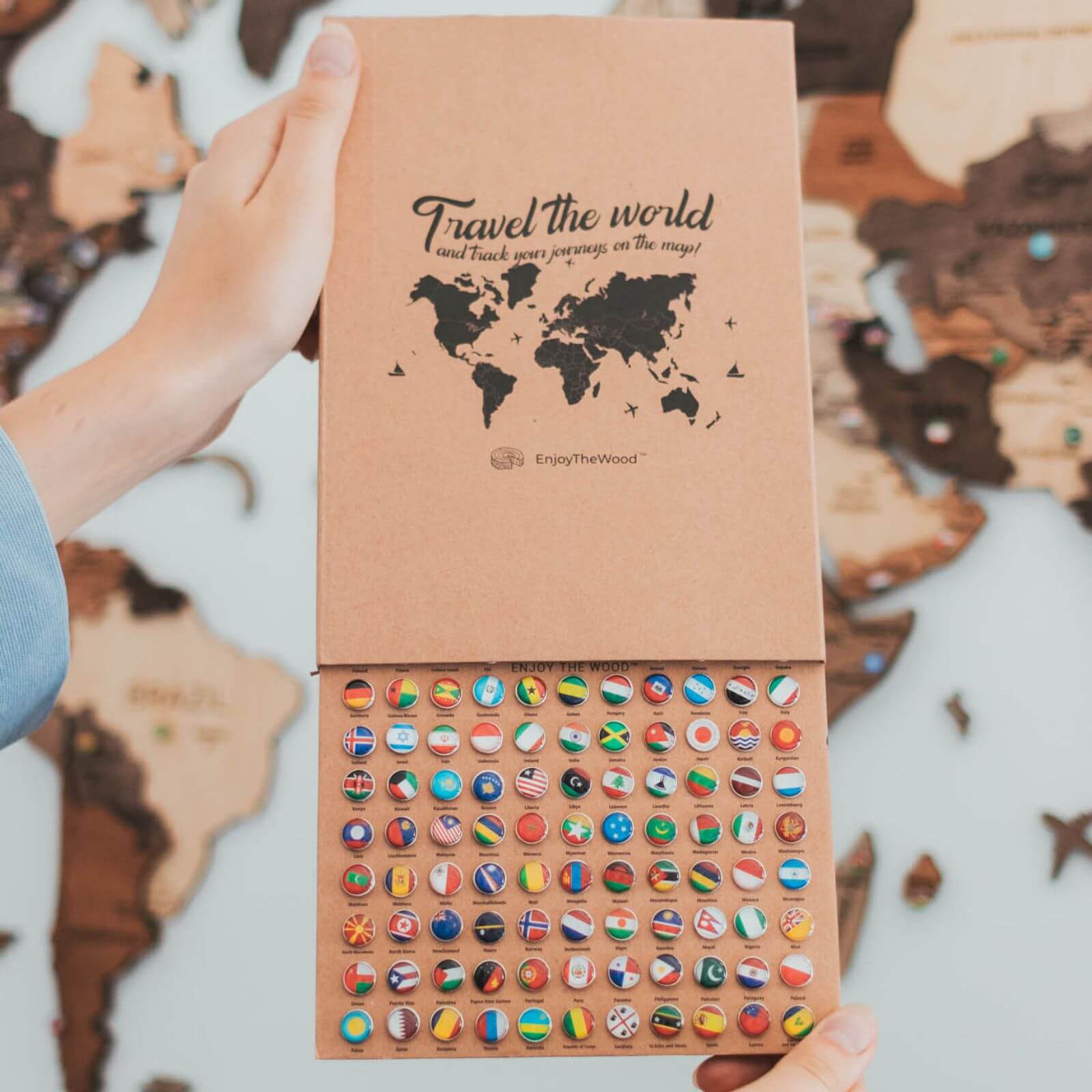 3D Wooden World Map Wall Art with Flag Pins for Travel Lovers