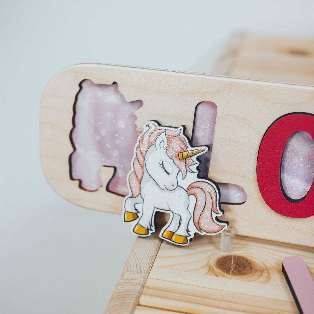 Personalized Unicorn Name Puzzle for Nursery Decor in Pink & Red