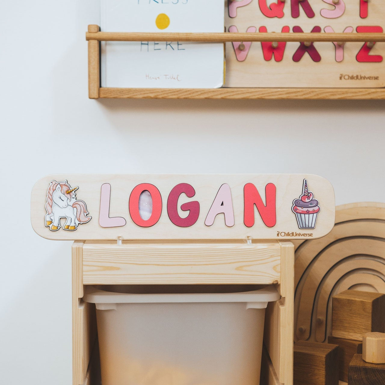Personalized Unicorn Name Puzzle for Nursery Decor in Pink & Red