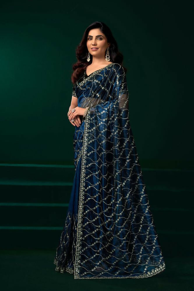Navy Blue Net Party Wear Saree with Black Velvet Blouse Set