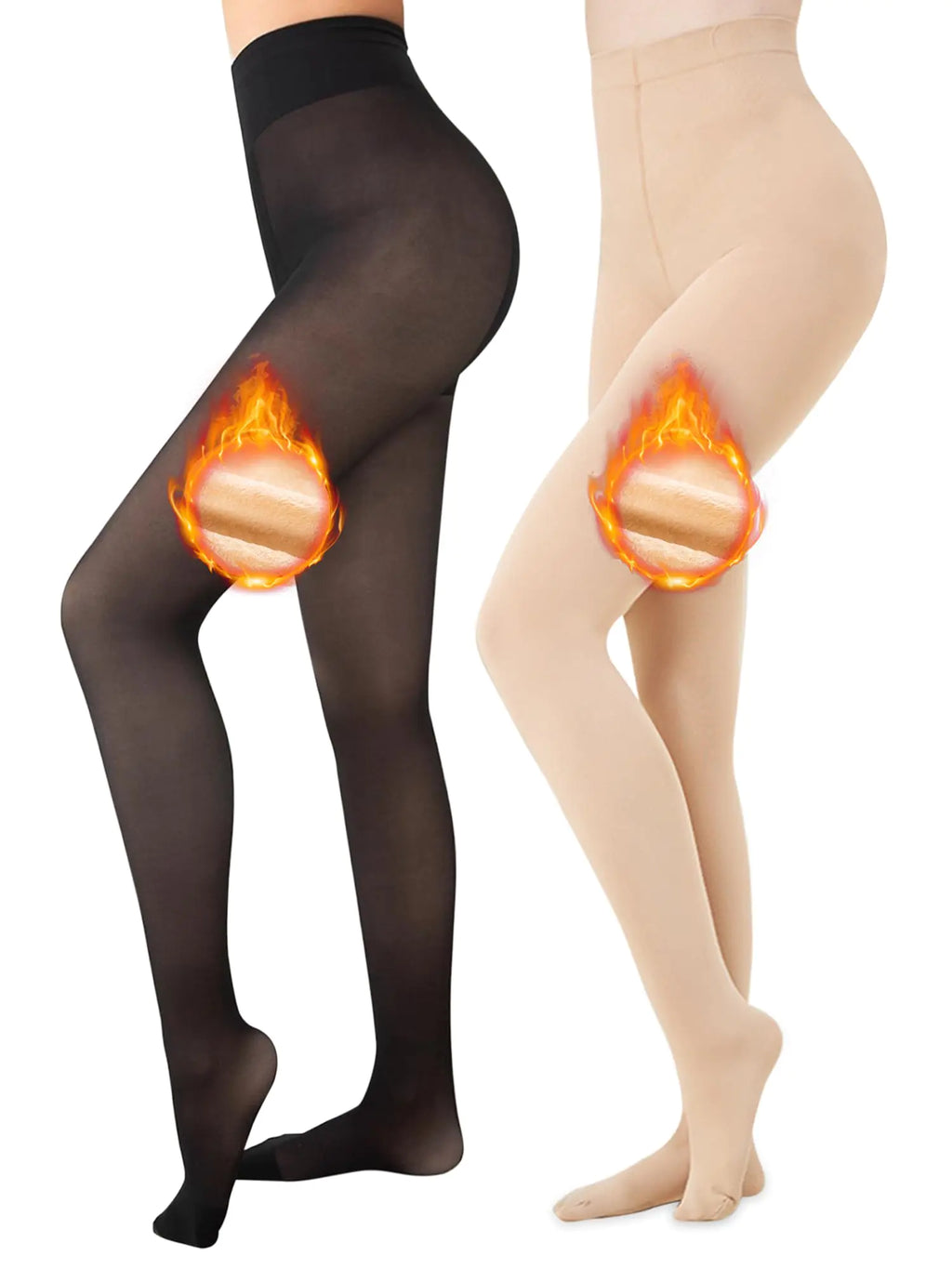 Ultrafun 2 Pairs Fleece Lined Tights Fake Translucent Thick Tights Warm Thermal Pantyhose for Women (US Alpha Large Regular Regular Fake Translucent Black+Opaque Skin)