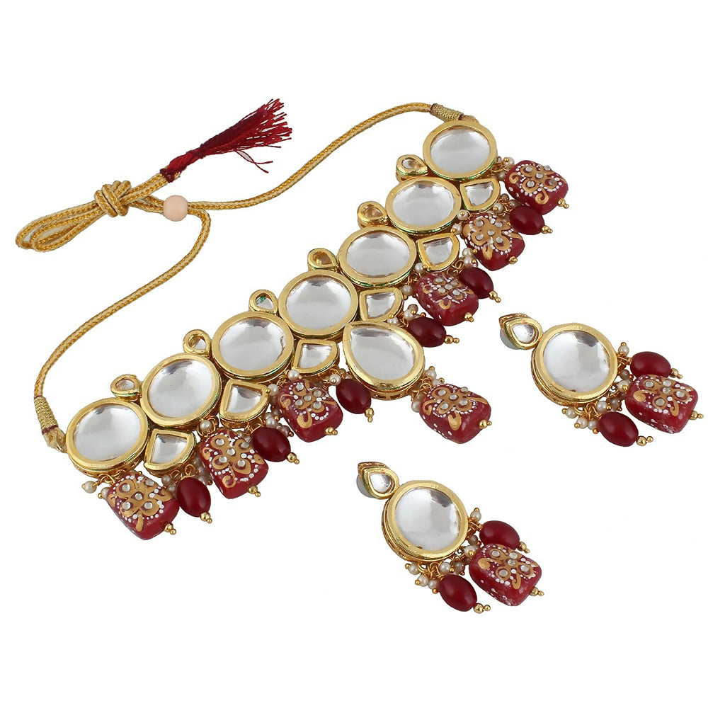 Red Kundan stone necklace set with gold plating and adjustable cord for women
