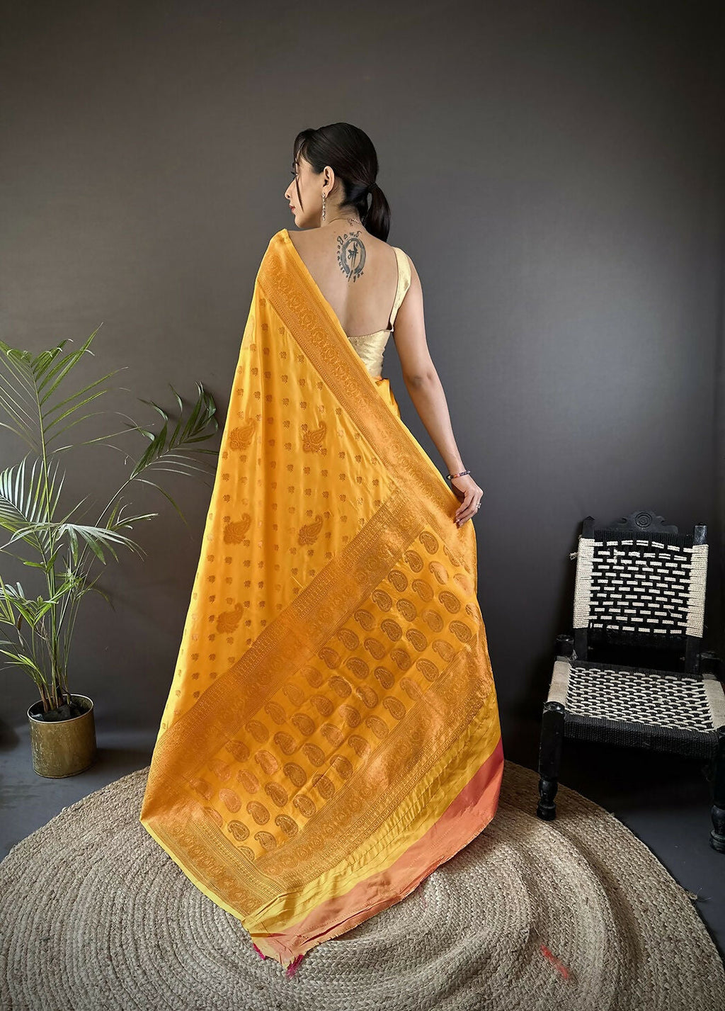 Banarasi Orange Woven Soft Silk Saree with Matching Blouse