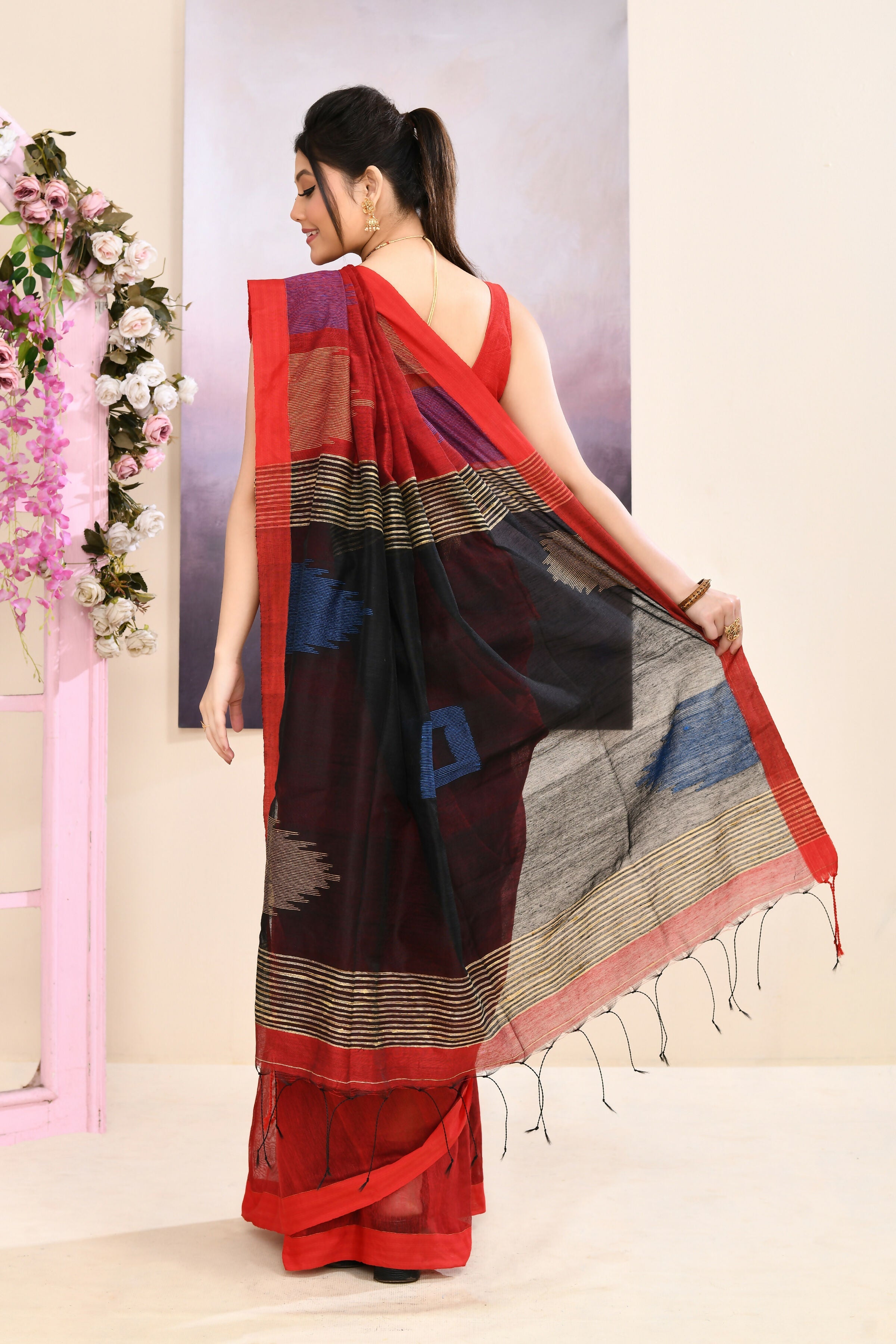 Maroon Cotton Blend Jamdani Saree with Traditional Temple Border
