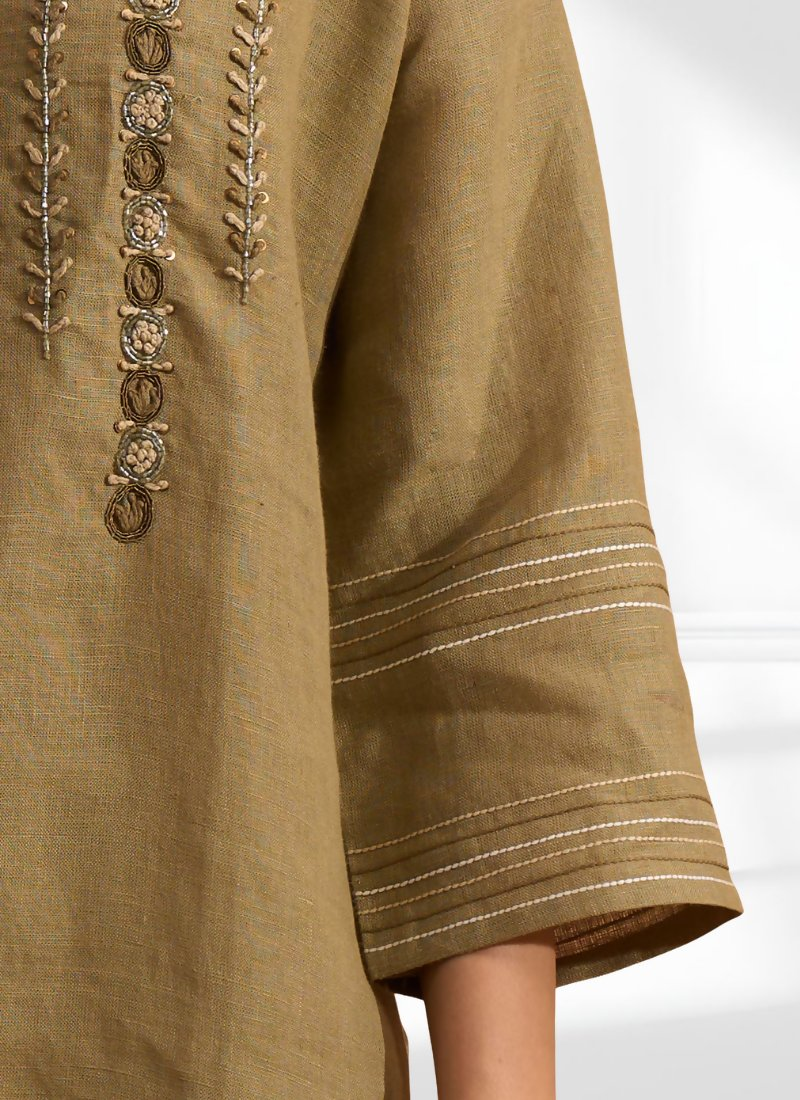 Light Brown Linen Embroidered Tunic with Split V-Neck