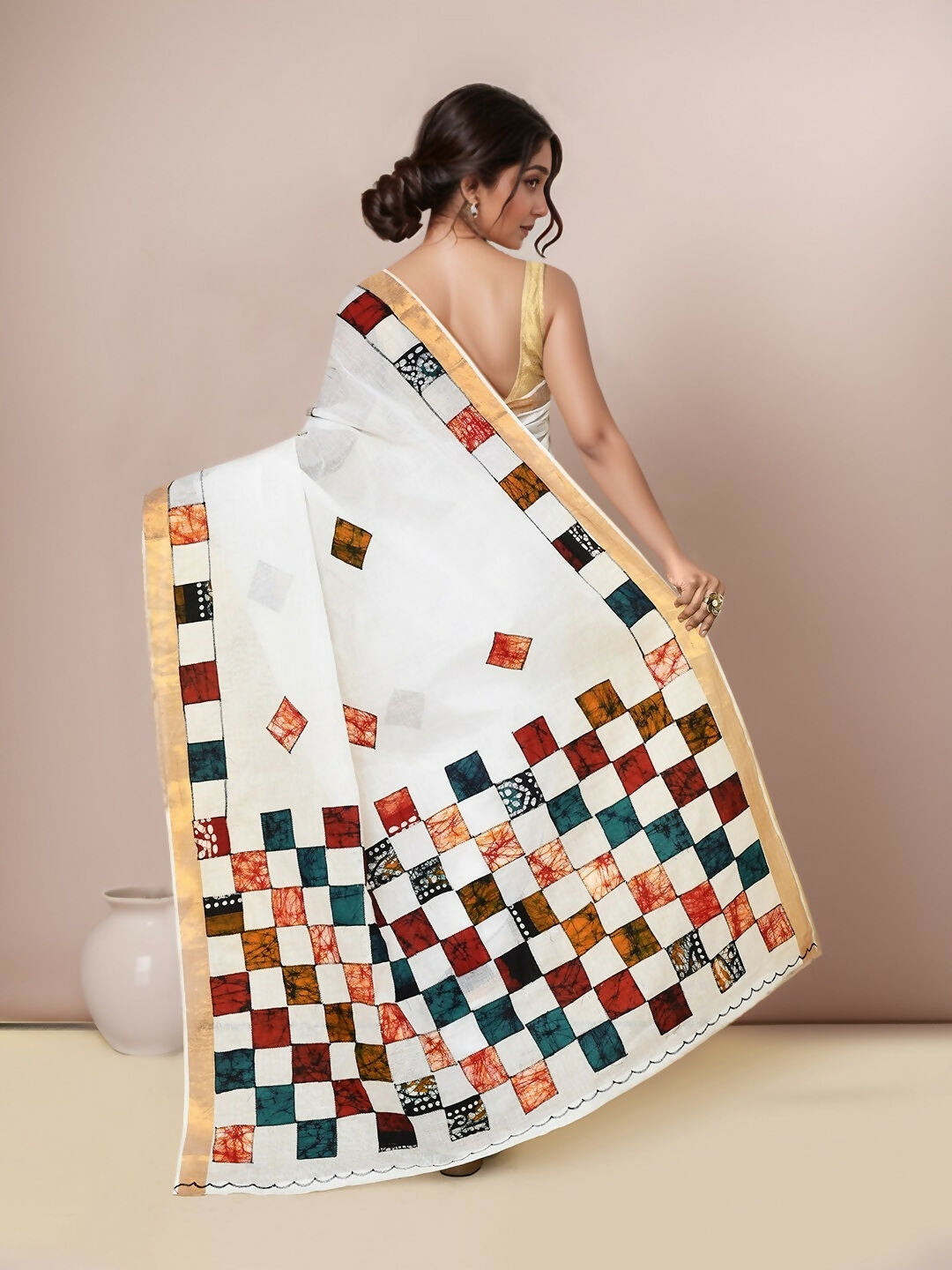 Multicolor Cotton Applic Saree for Festive Ethnic Wear
