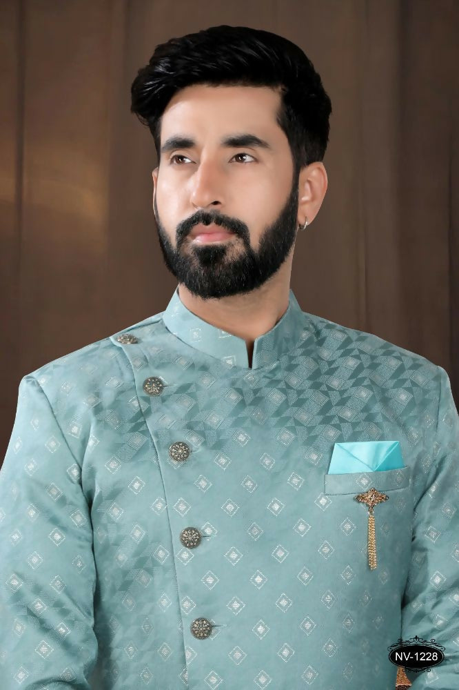 Boys Green Woven Jacquard Ethnic Kurta with Polo Pyjama Set