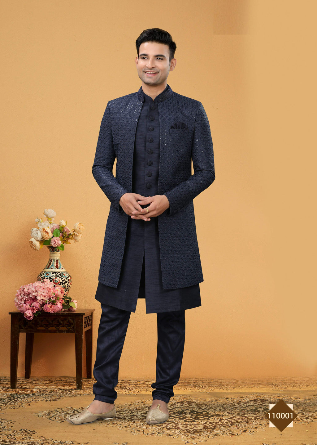 Men's Navy Blue Art Silk Kurta Pyjama Set - Traditional Ethnic Wear