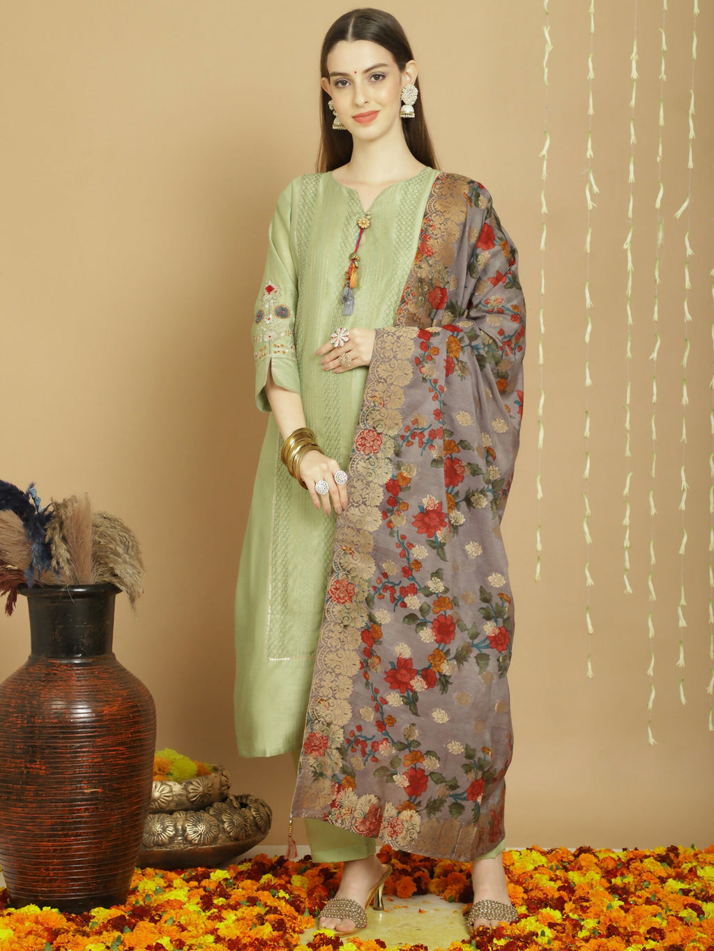 Elegant Green Chanderi Silk A-Line Kurta set with Jardoshi work and Banarasi Jacquard dupatta