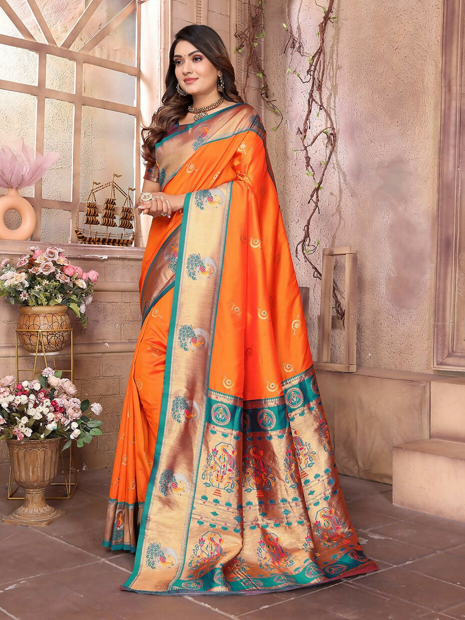 Orange Paithani Woven Soft Silk Saree with Matching Blouse Piece