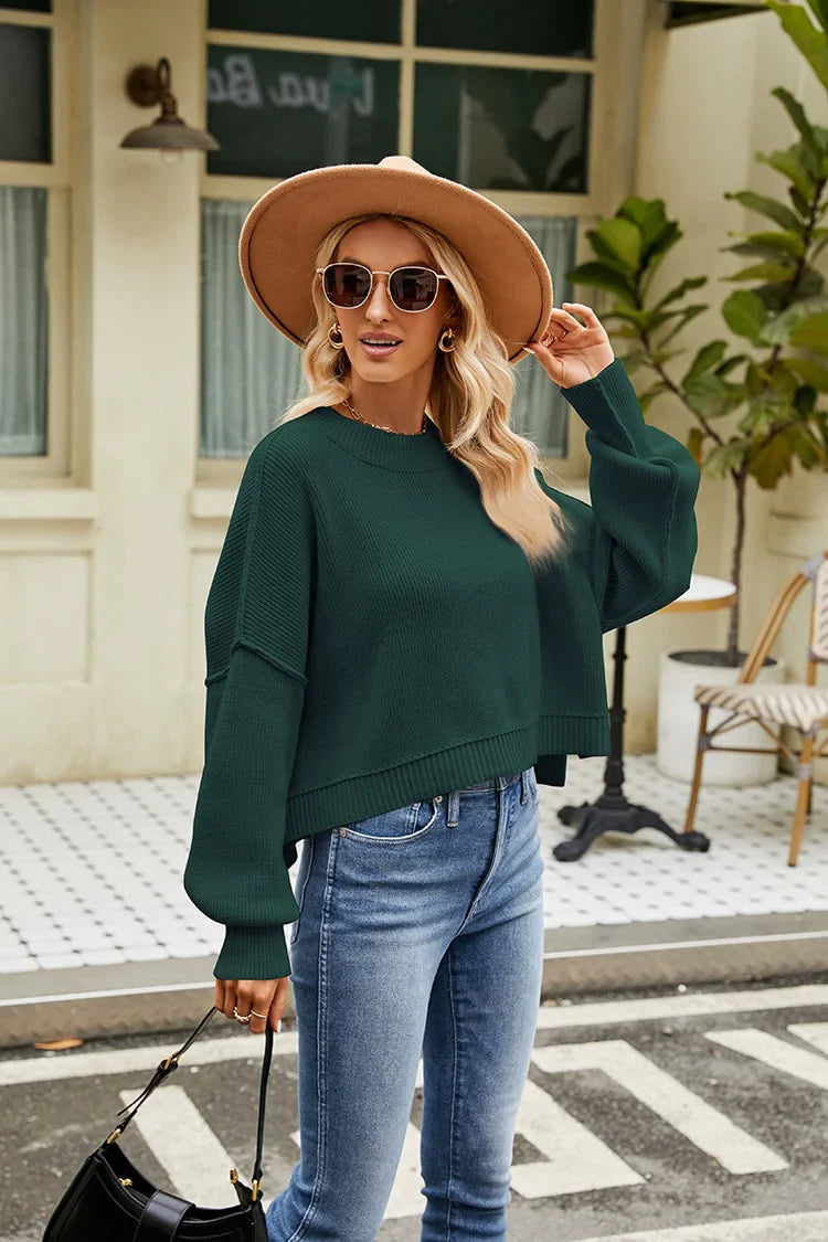 Women Loose Cropped Round Neck Knit Pullover Sweater