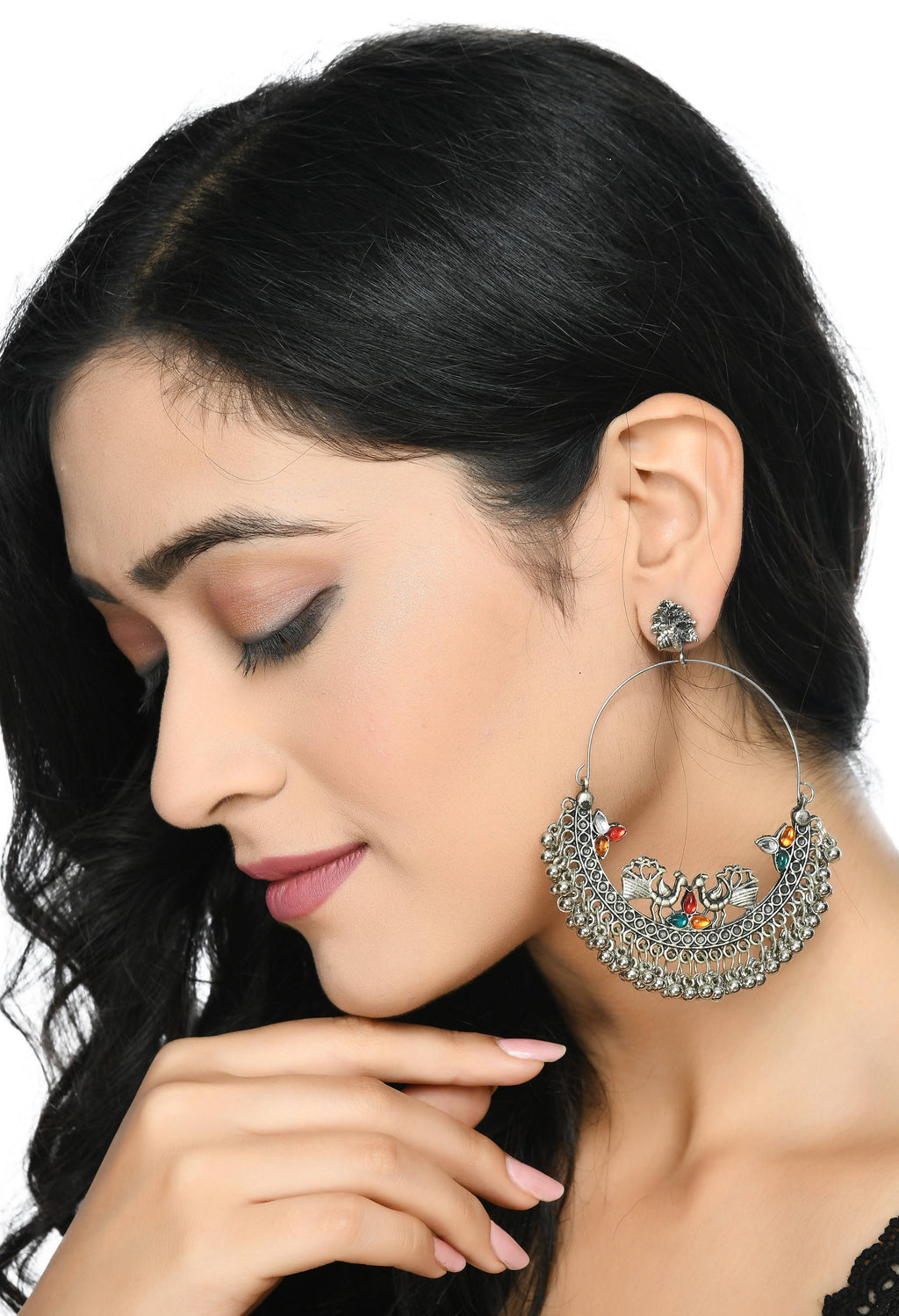 Peacock Design Chandbali Earrings in Silver and Multicolor