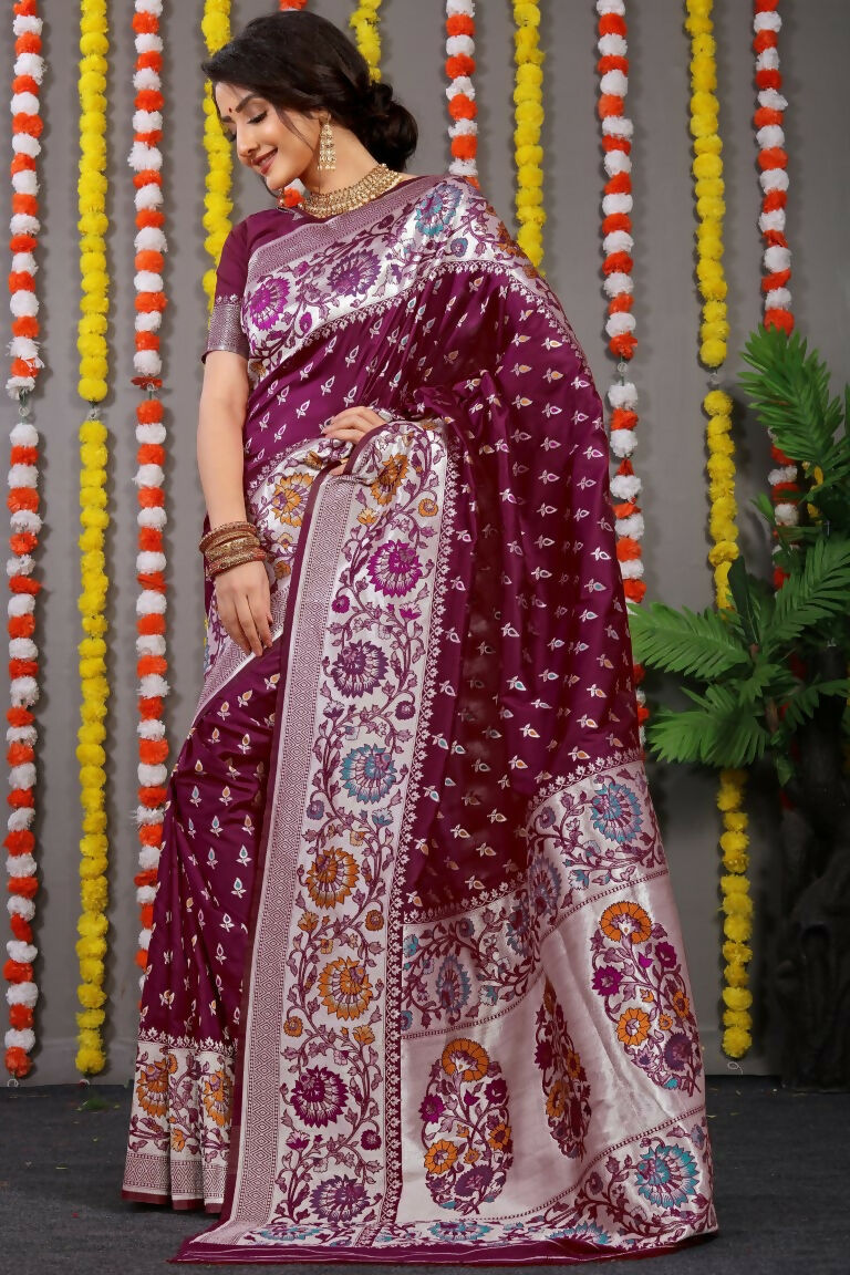 Wine Banarasi Silk Saree with Zari Woven Patterns and Blouse