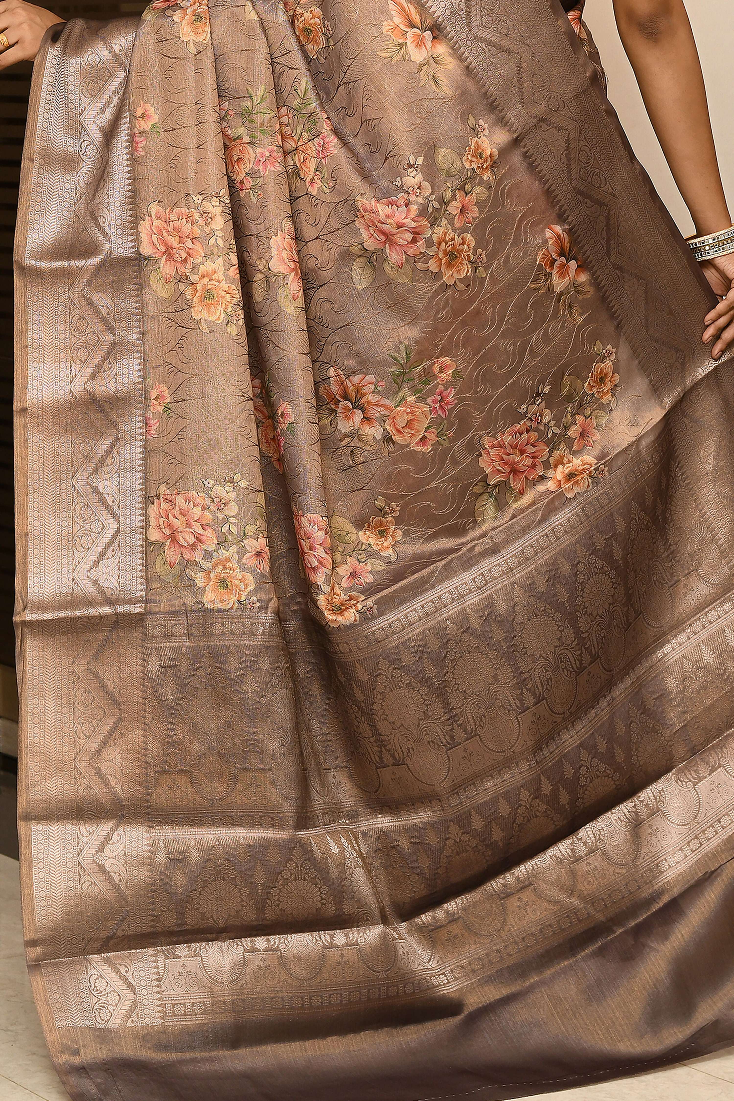 Joban Fashion Cofee Brown Saree Tissue Digital With Embroidery