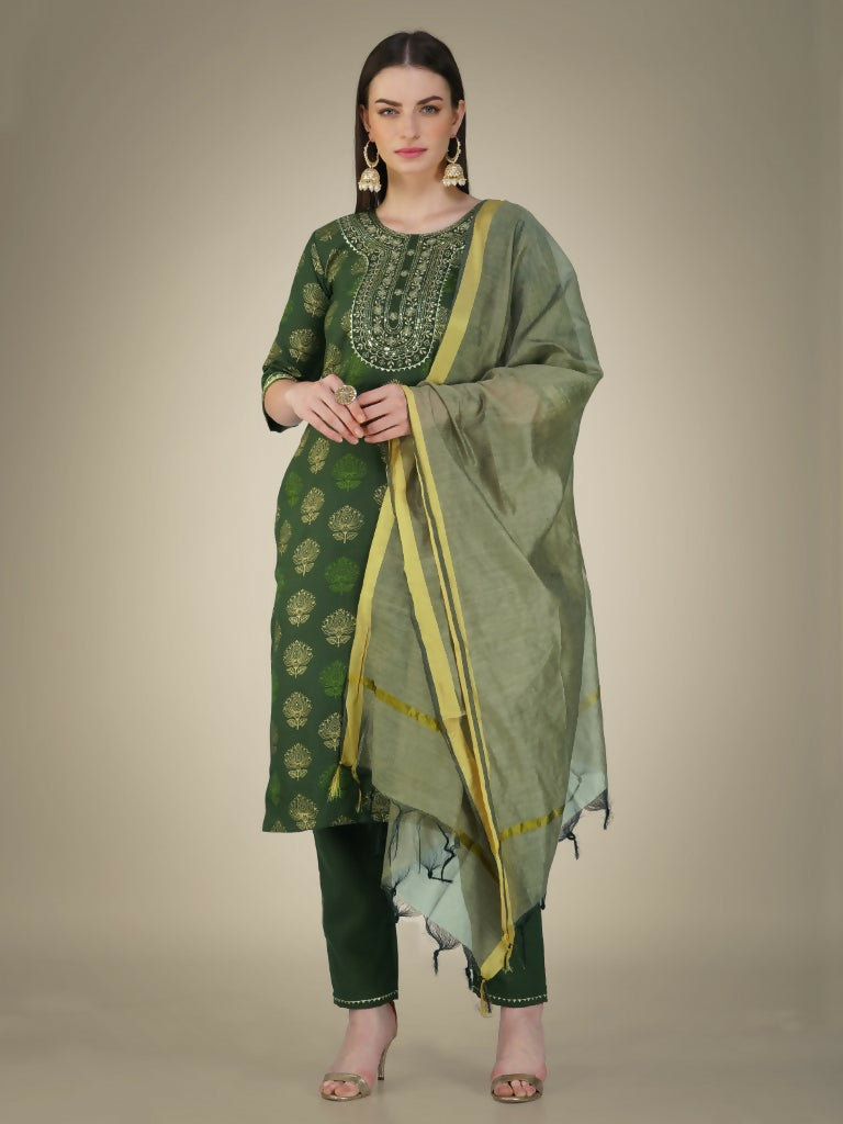Jyoti Fashion Women's Dark Green Cotton Magic Slub Embroidery & Sequence work Kurta with Trouser & Dupatta