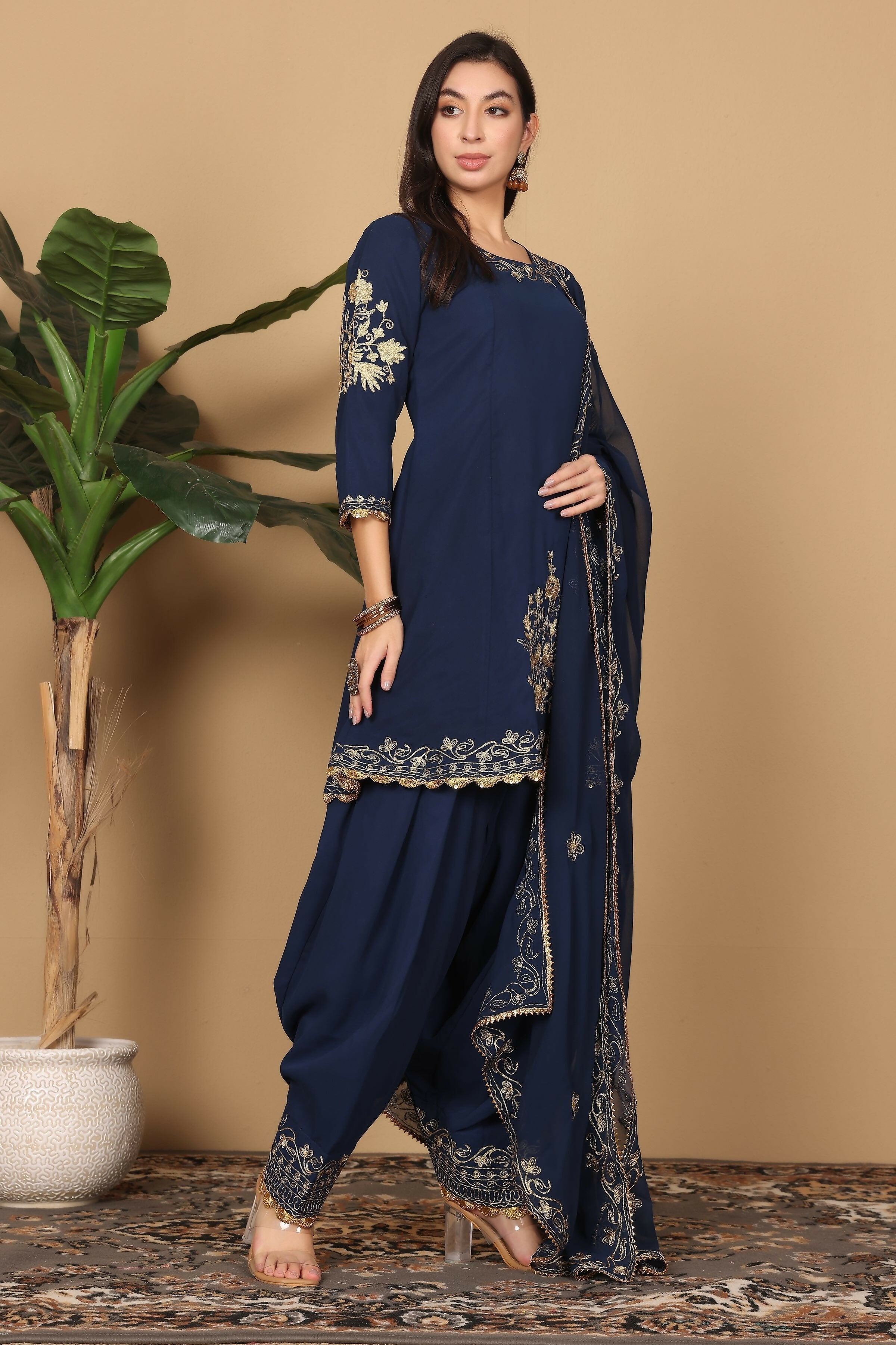 Navy Blue Georgette Kurta Set for Women - Elegant Ethnic Wear