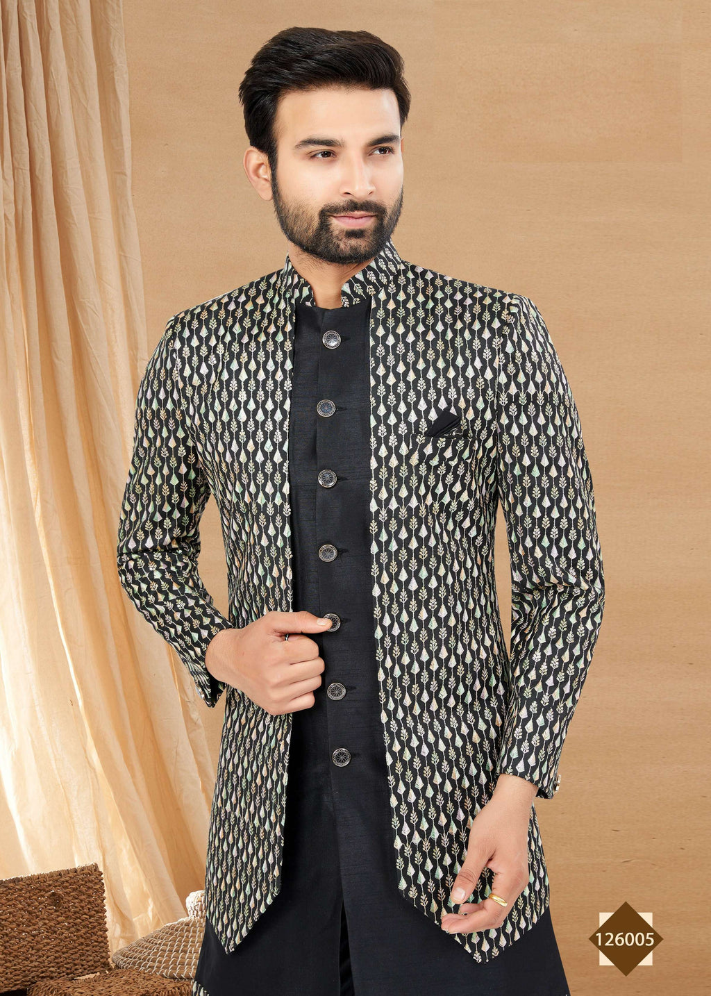 Men's Black Heavy Art Silk Double Finish Indowestern Set