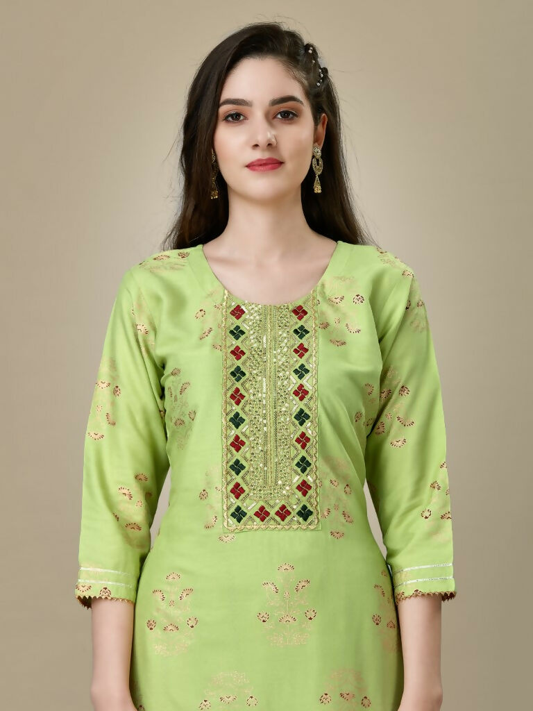 Women's Light Green Embroidered Rayon Straight Kurta Pant Set