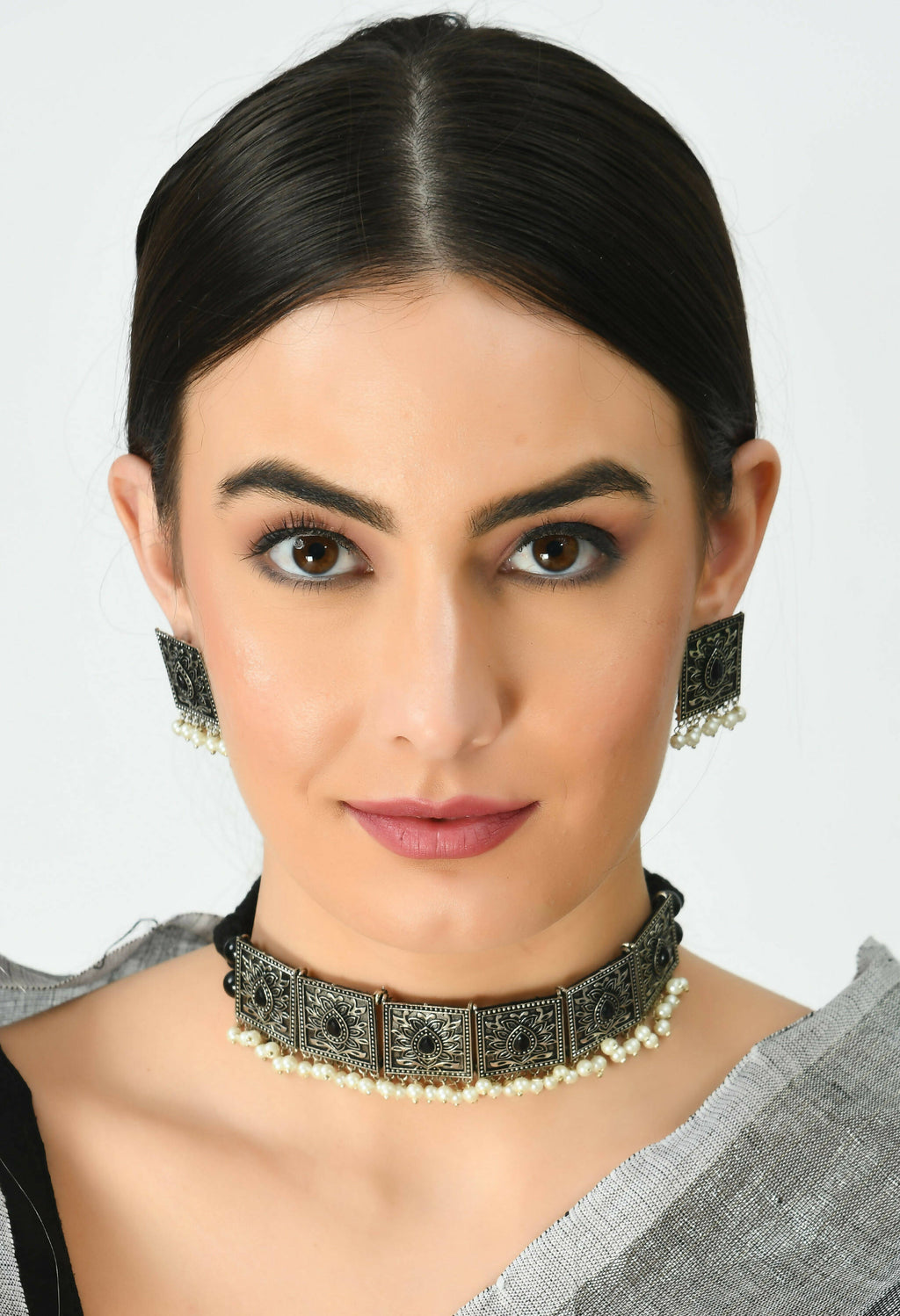 Black Kundan and Pearl Statement Choker in Silver-Plated Brass