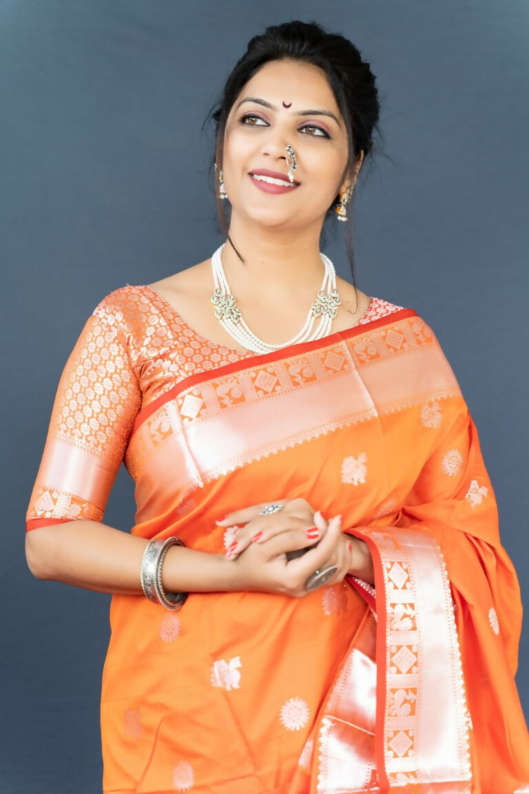 Orange Soft Banarasi Silk Zari Woven Saree with Blouse
