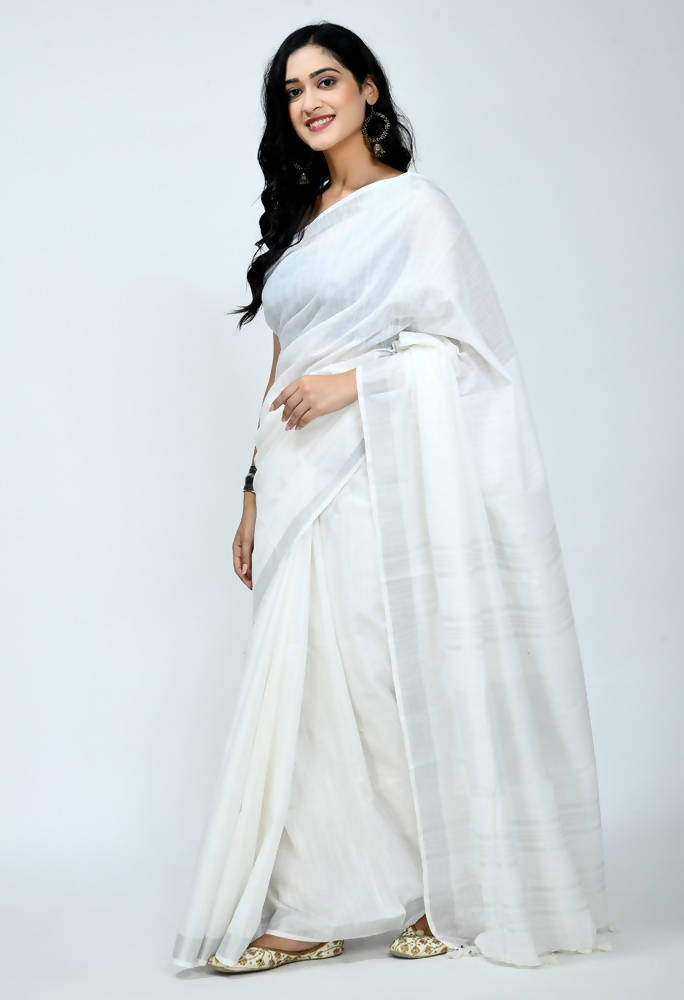 White Bhagalpuri Handloom Cotton Saree with Matching Blouse