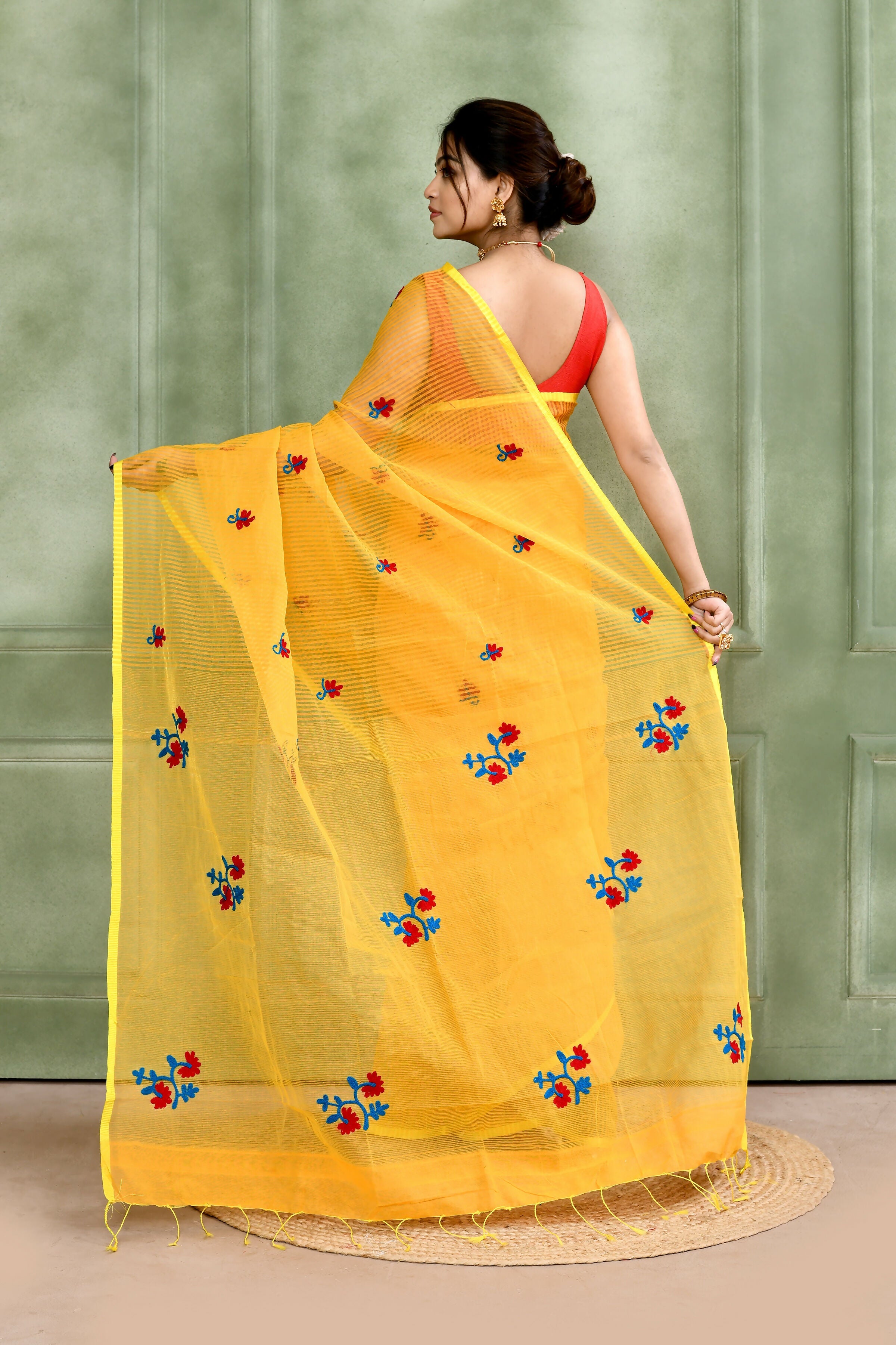 Yellow Embellished Cotton Blend Embroidery Saree