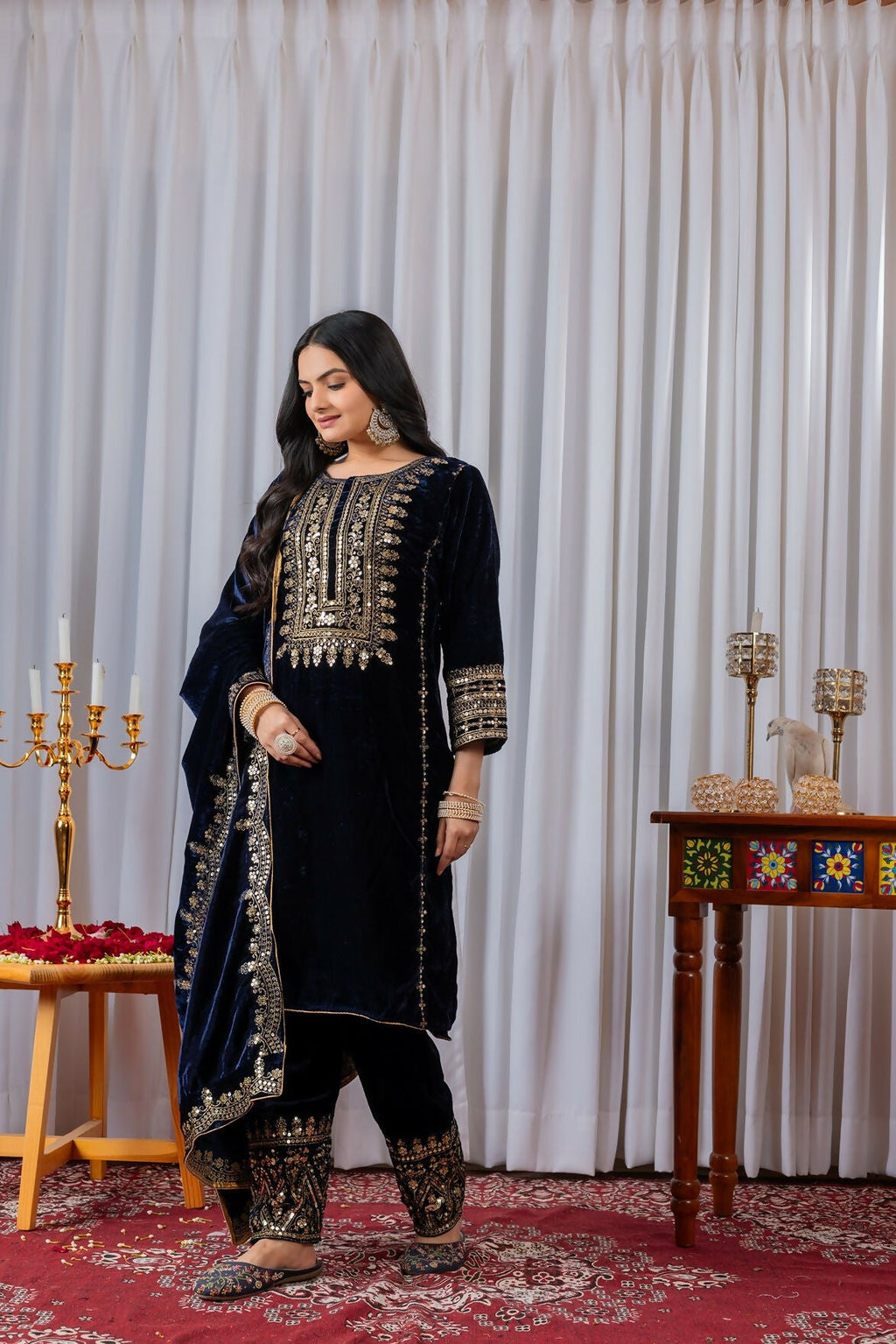 Navy Blue Velvet Kurta Set with Sequence Embroidery