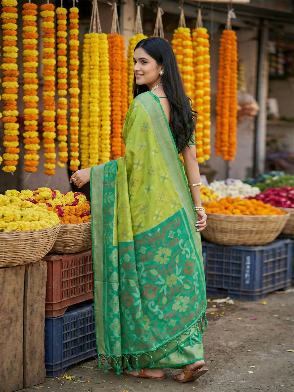 Light Green Pochampally Silk Saree with Matching Blouse