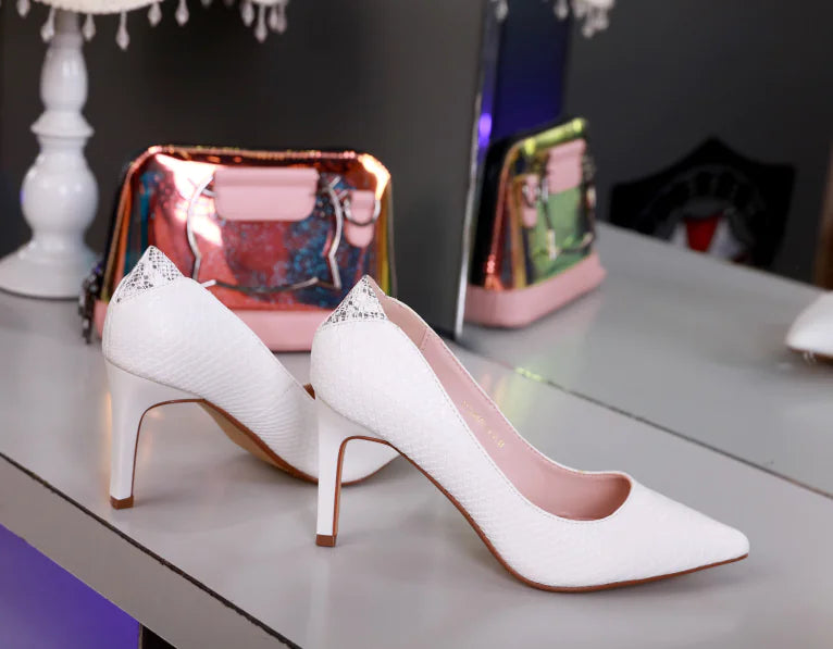 White Pointed Toe Stiletto Heels with Snake Pattern Detail - Image 10