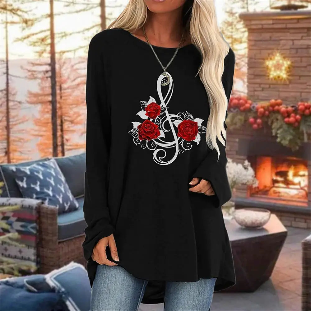 Women's 3D Rose Print Long Sleeve T-Shirt Round Neck Casual Top - Image 9