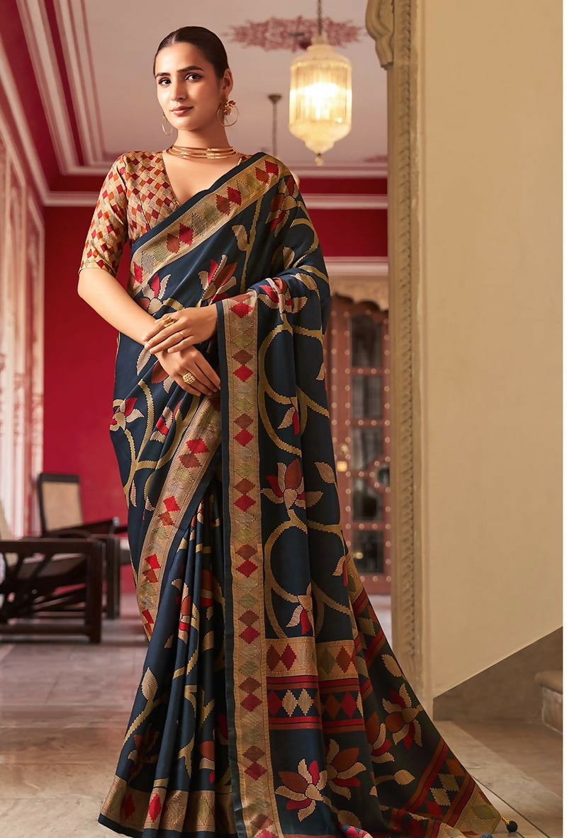 Navy blue silk blend printed saree for parties and formal occasions