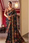 Navy blue silk blend printed saree for parties and formal occasions