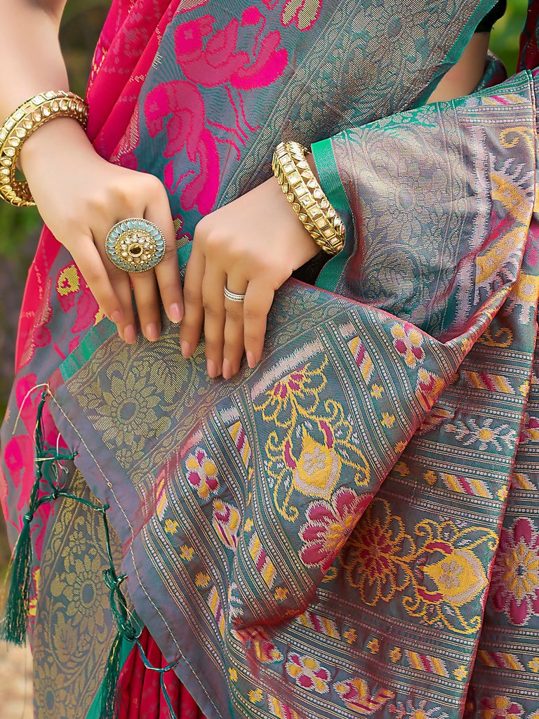 Red Soft Silk Saree with Sea Green Blouse