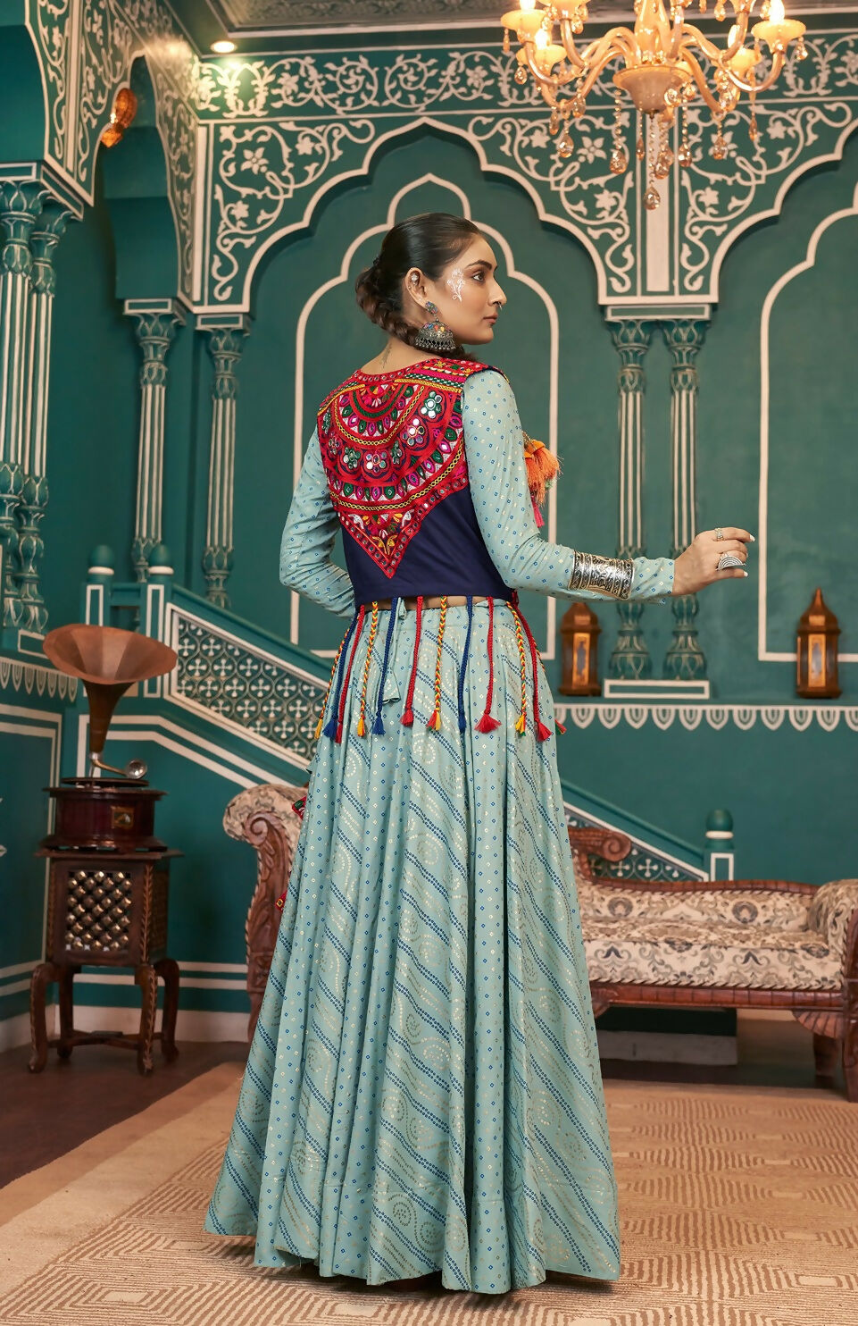 Pista Green Viscose Rayon Navratri Lehenga Choli Set