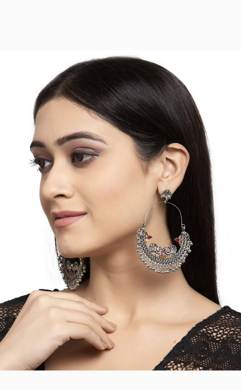 Silver-Plated Peacock Chandbali Earrings with Multi-Color Accents