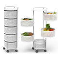 JAQ Rotating Fruit Basket 5-Tier Metal Sturdy Kitchen Storage Rack Shelf Carts No Assembly on Rolling Wheels for Fruit Vegetable Grocery Corns Potato Onion (White 5-Tier)