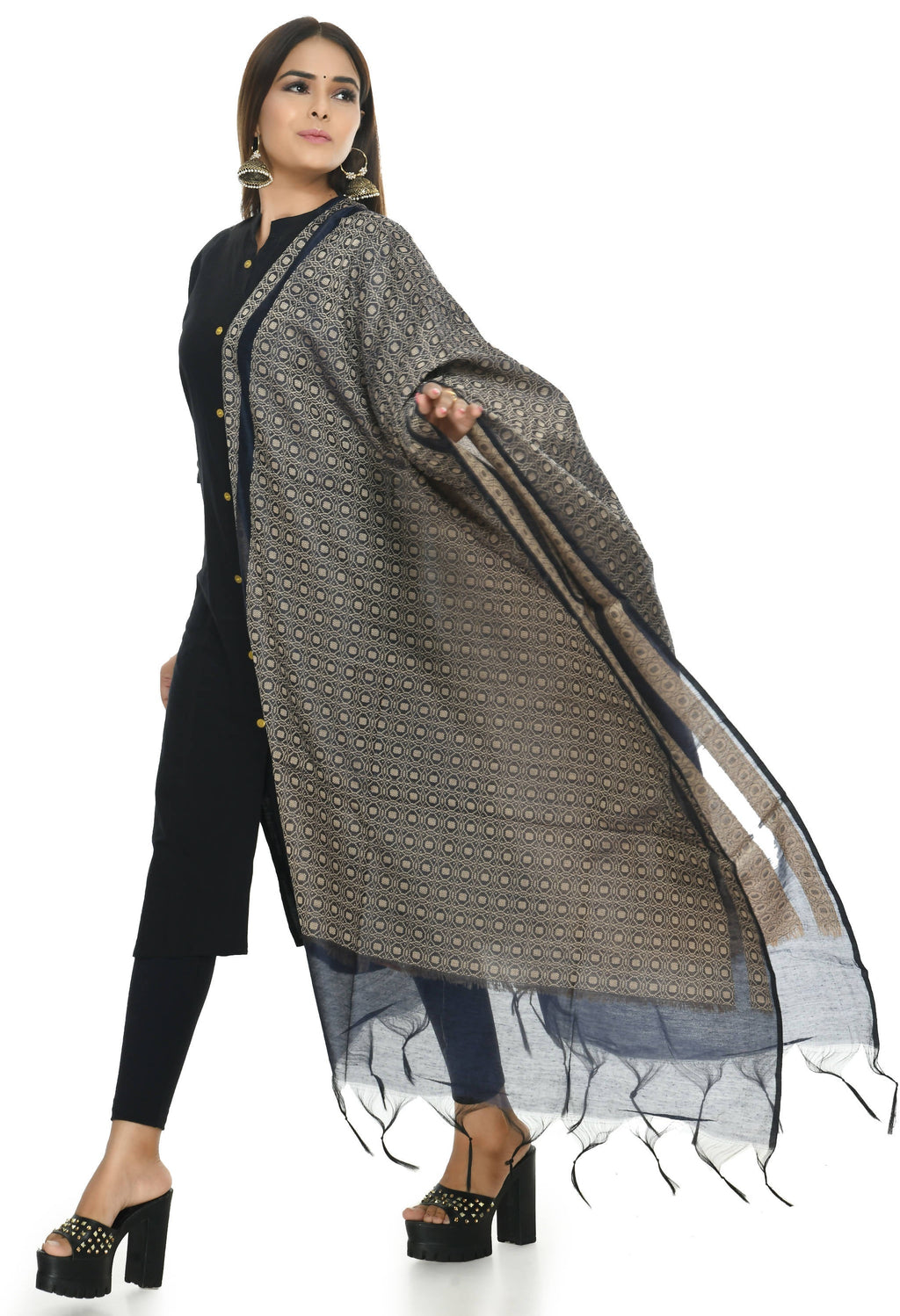 Navy Blue Handloom Cotton Dupatta - Classic Ethnic Accessory