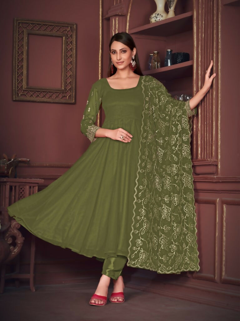 Women's Olive Green Georgette Embroidered Anarkali Kurta Pant Set