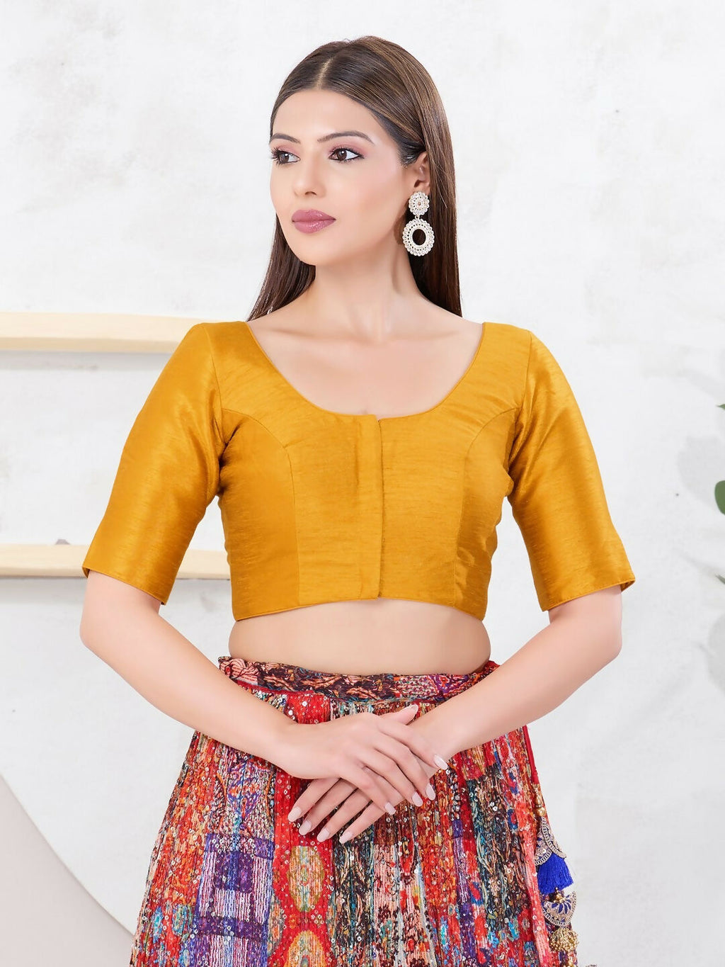 Mustard Dupion Silk front-open sleeveless blouse with round neck