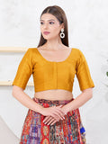 Mustard Dupion Silk front-open sleeveless blouse with round neck