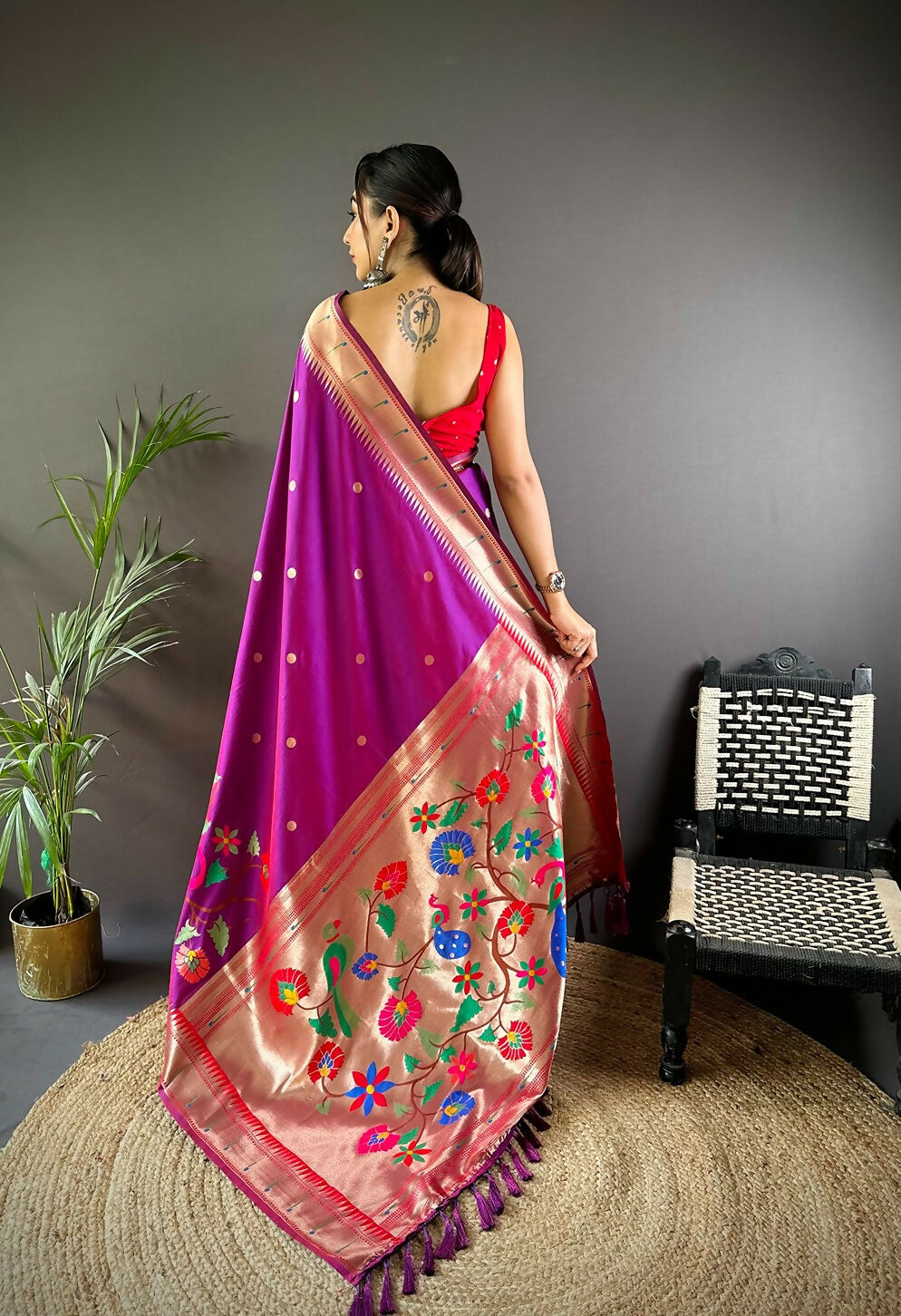 Rani Pink Paithani Saree with Traditional Motifs and Blouse Piece