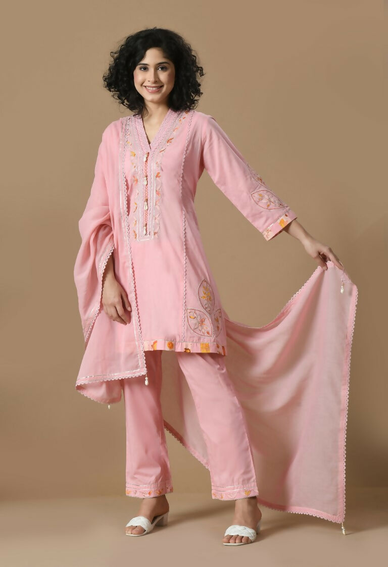 Pink Cotton Kurta Set with Organza Dupatta - 3 Piece Ethnic Set