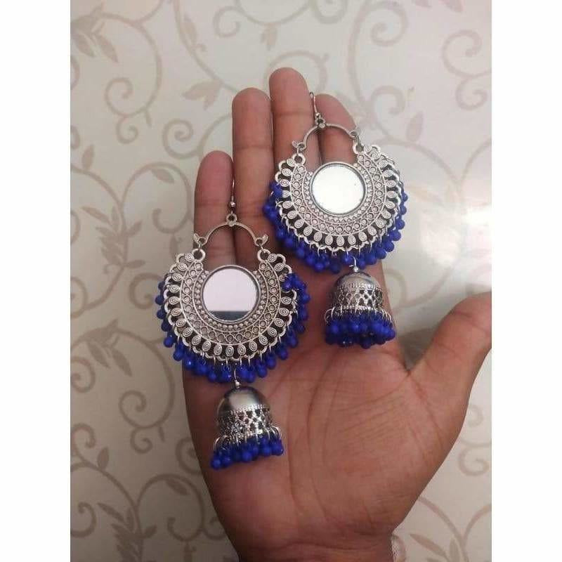 Royal blue designer jhumka earrings for women featuring traditional ethnic pattern