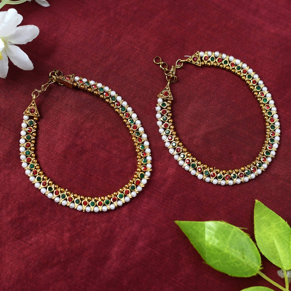 Multi-Color Kundan and Pearl Ethnic Anklets for Women