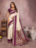 Cream Kalamkari Silk Saree with Zari woven border and traditional artistic prints