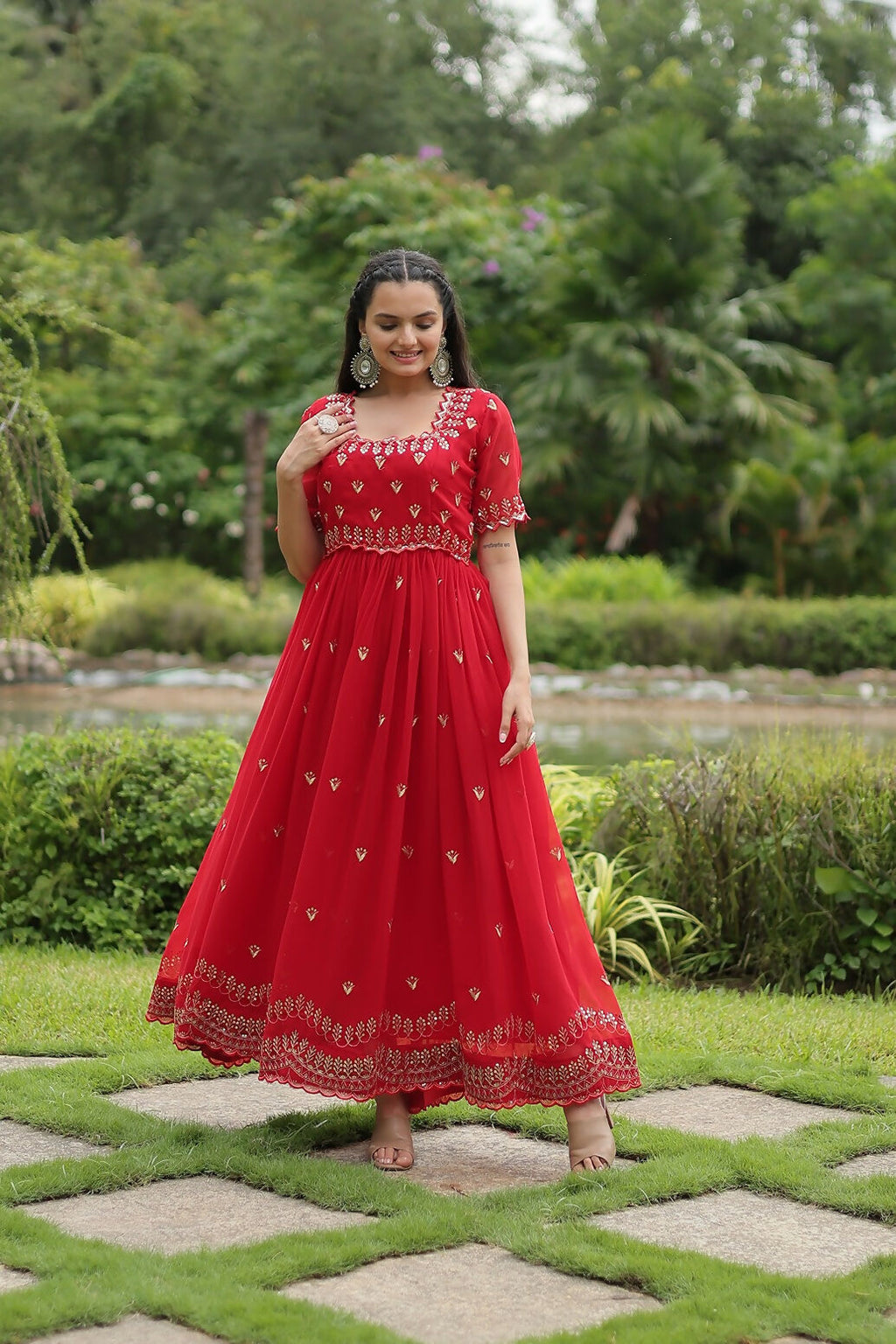 Joban Fashion Red Georgette Sequence Embroidery Work Gown