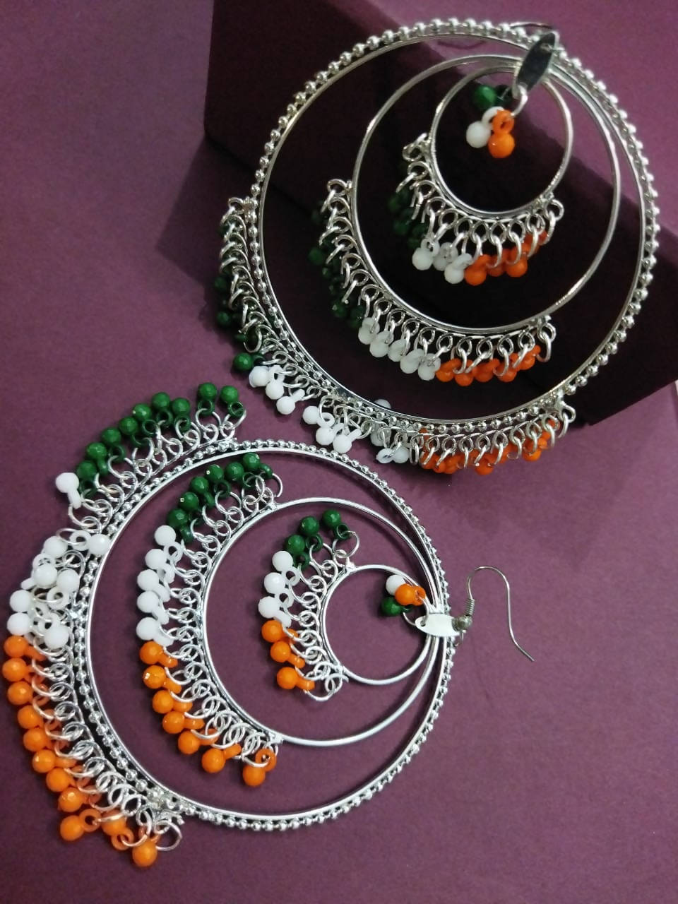 Traditional Indian Tricolour Earrings in German Silver Finish
