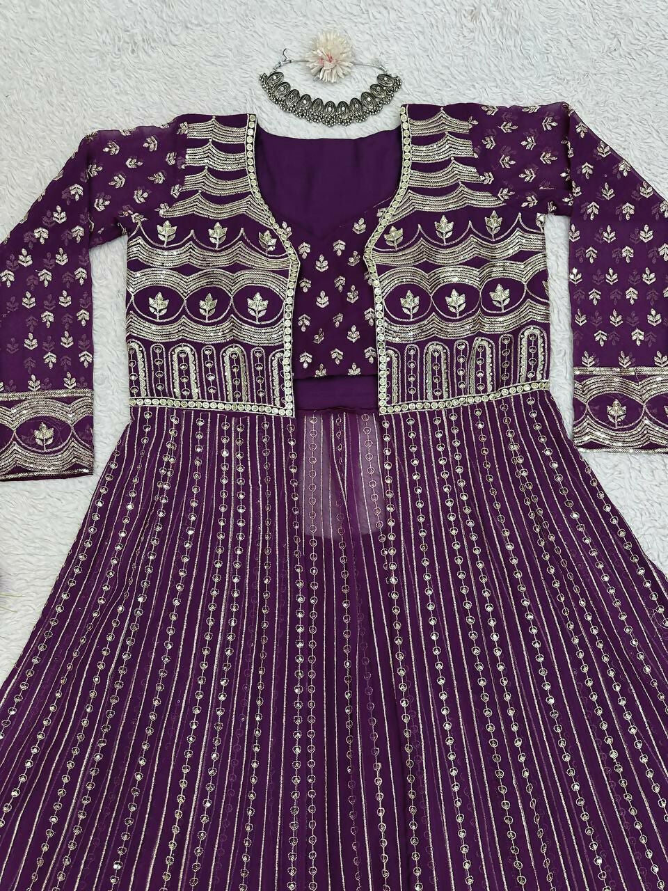 Wine Faux Georgette Sequins Embroidered Lehenga Choli with Shrug