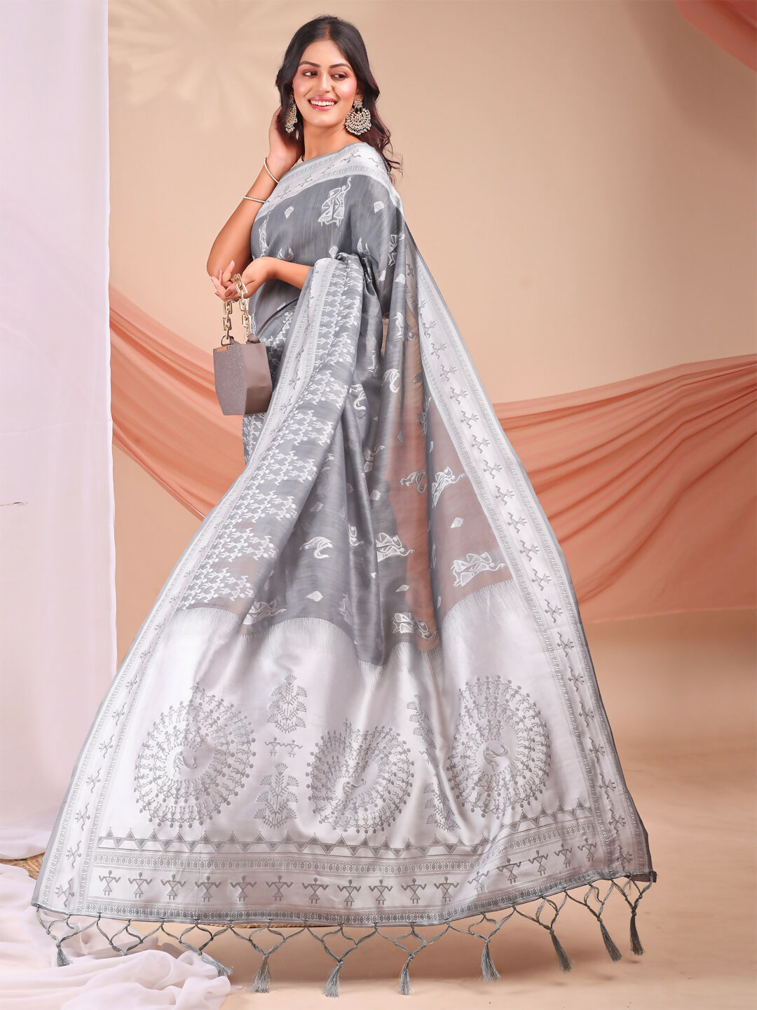 Varnika Grey Linen Cotton Saree with Matching Blouse Piece