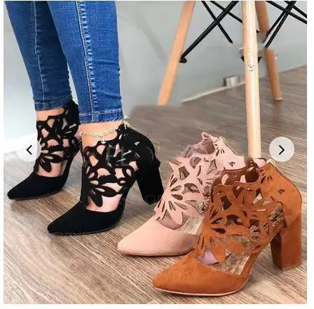 Women's Floral Cutout Thick Heel Sandals Pointed Toe Shoes - Image 12
